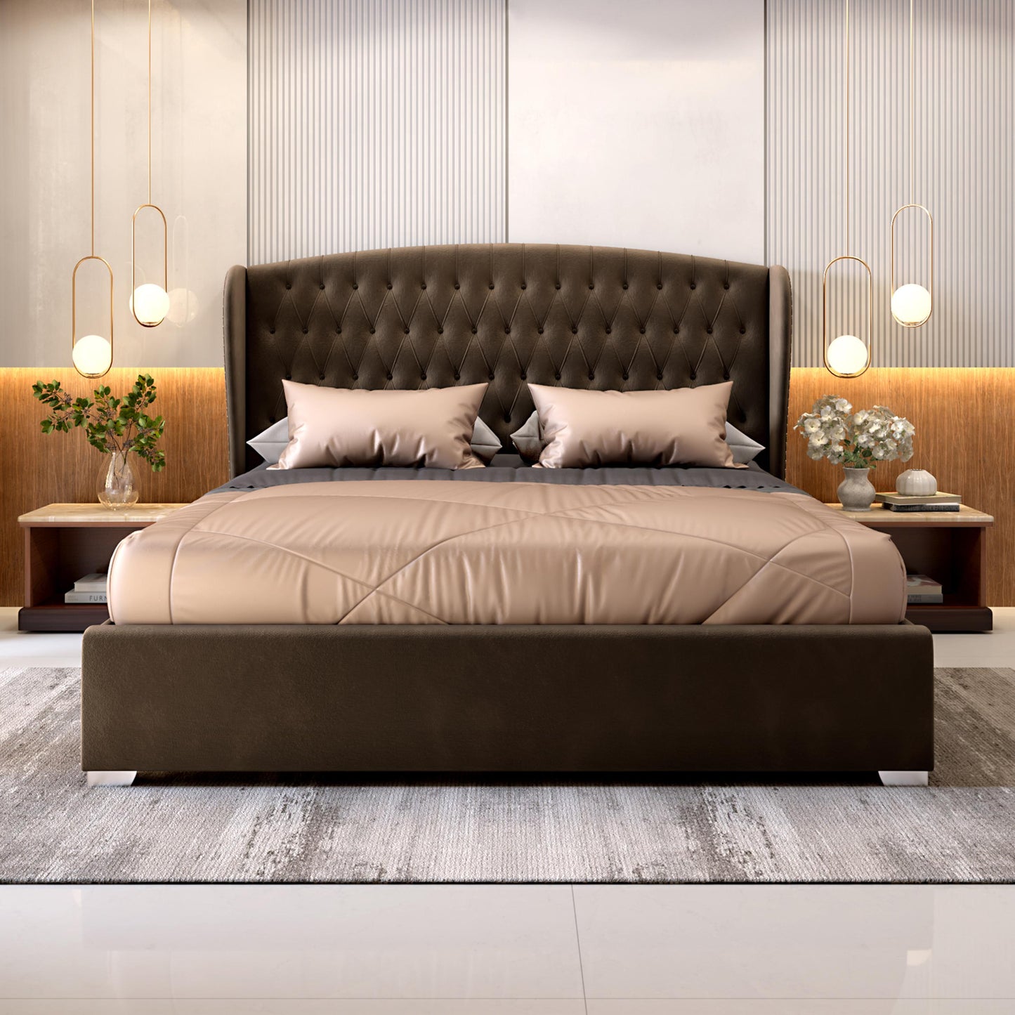 King Size Bed Upholstered with Wingback Headboard