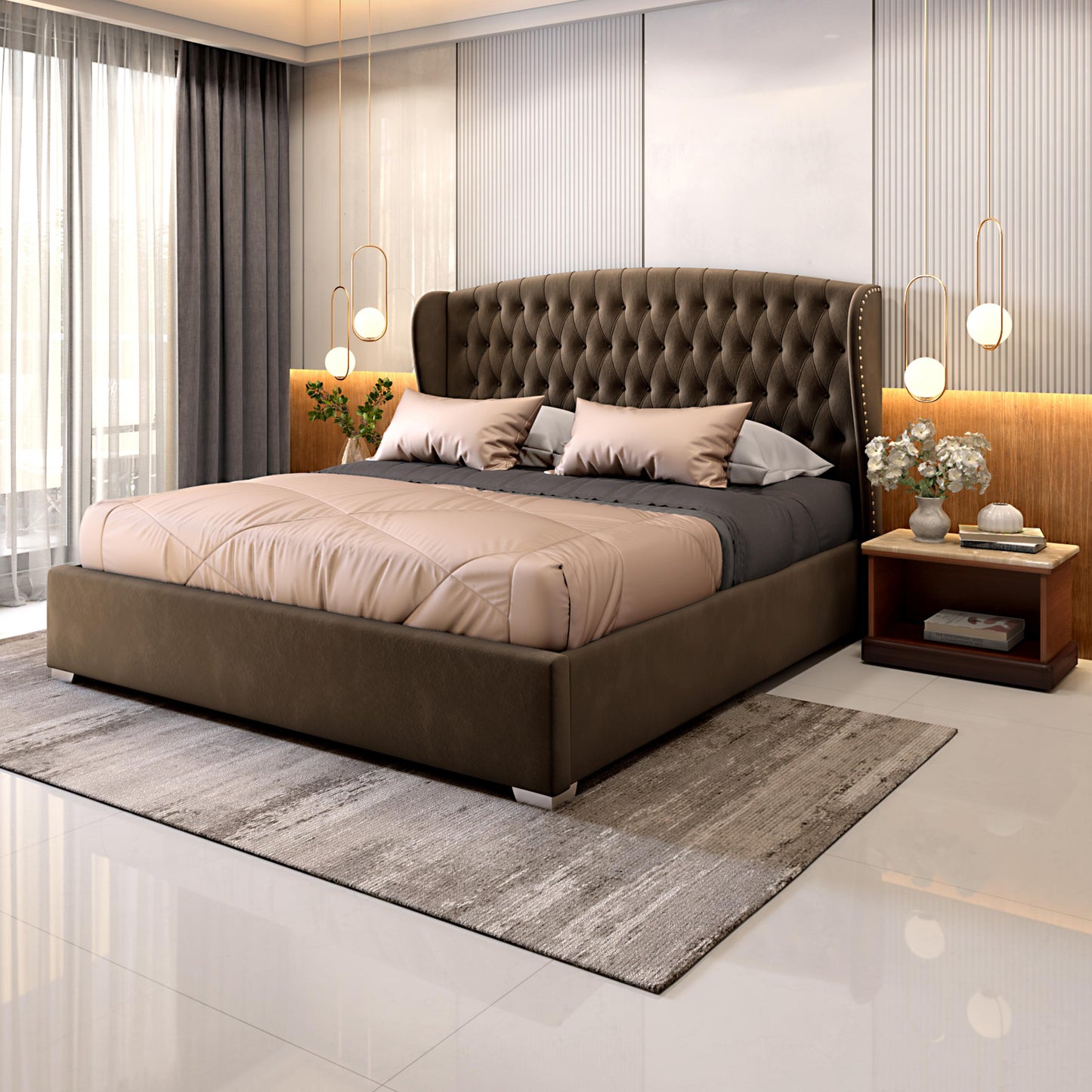 King Size Bed Upholstered with Wingback Headboard