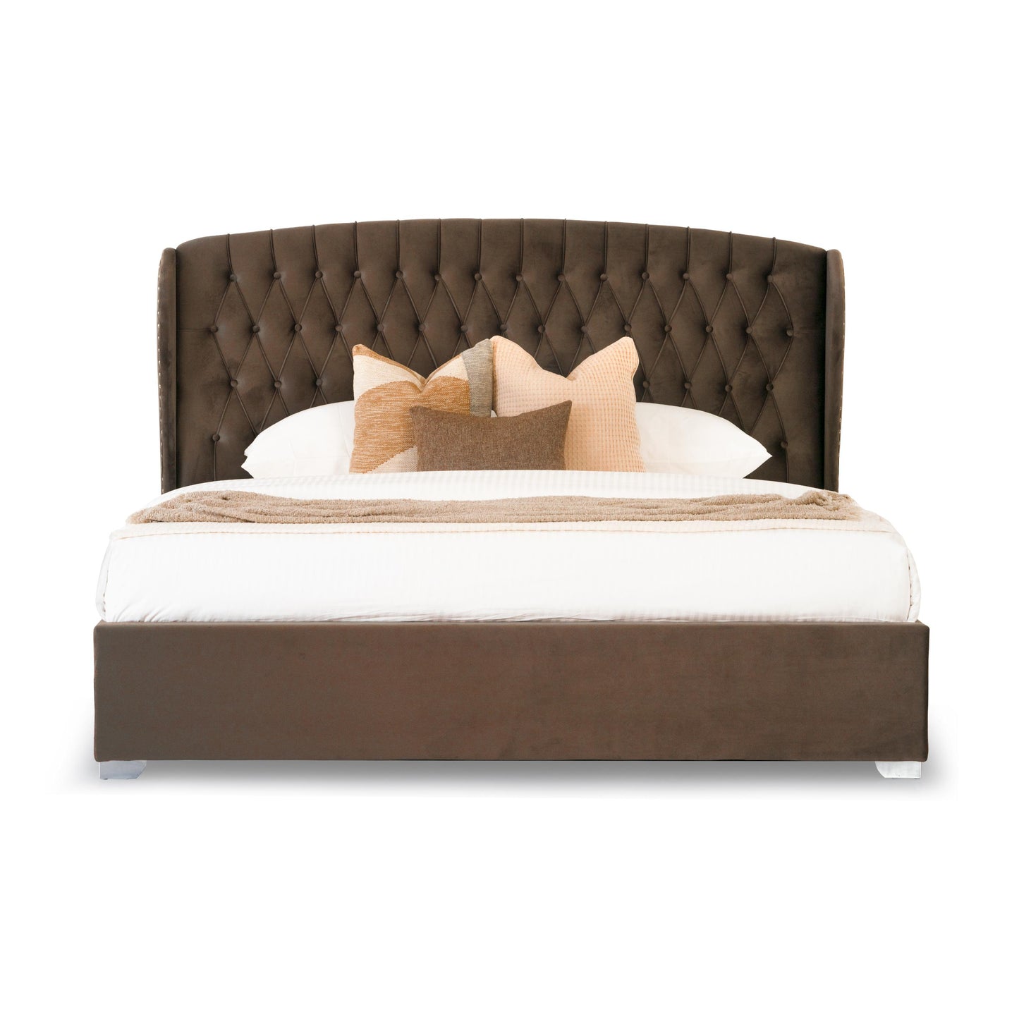 King Size Bed Upholstered with Wing Headboard with Box Storage