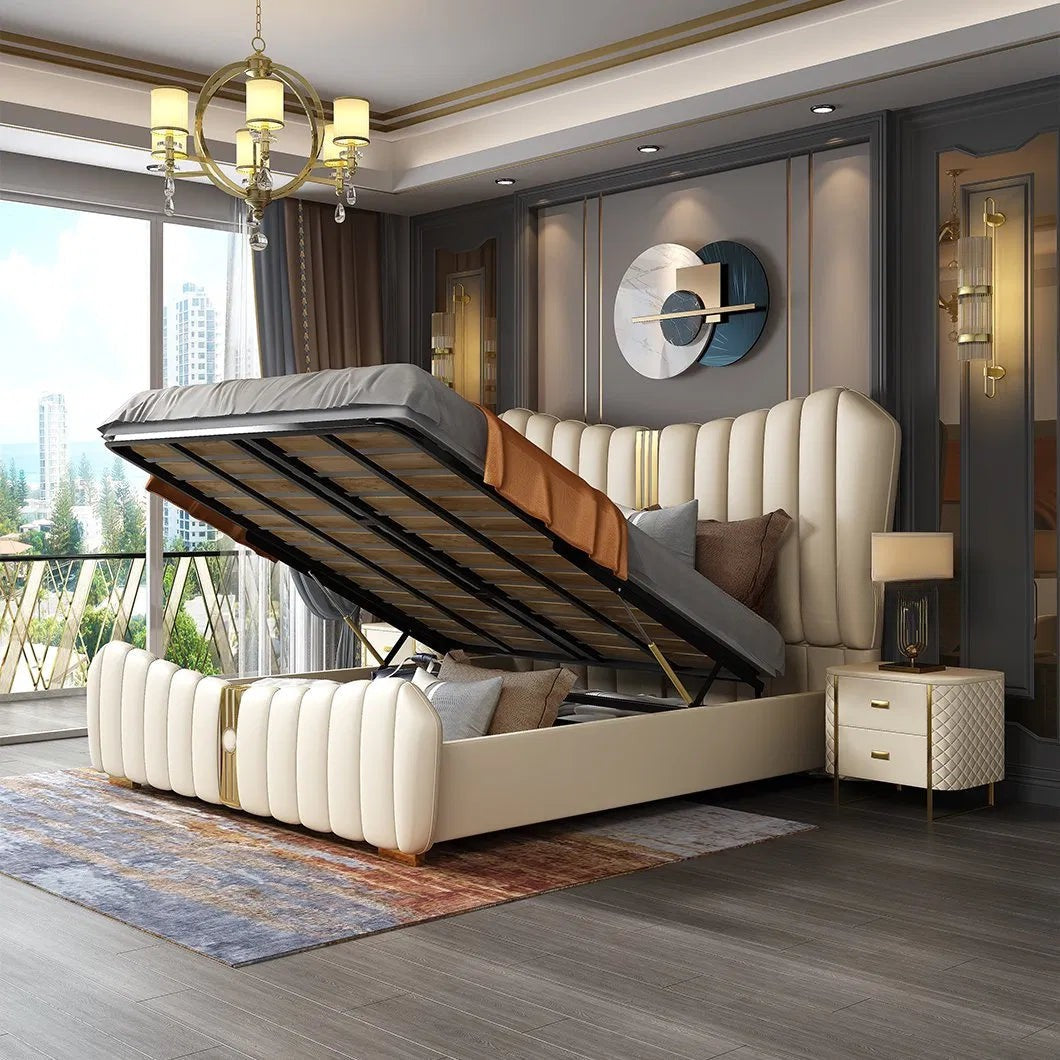King Size Bed with Luxury Upholstery Carved Tufted Headboard & Footer with Hydraulic Box Storage