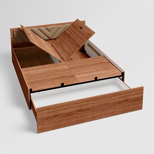 King Size Bed with upholstered Headboard in Premium Fabric with Pull-Out & Box Storage
