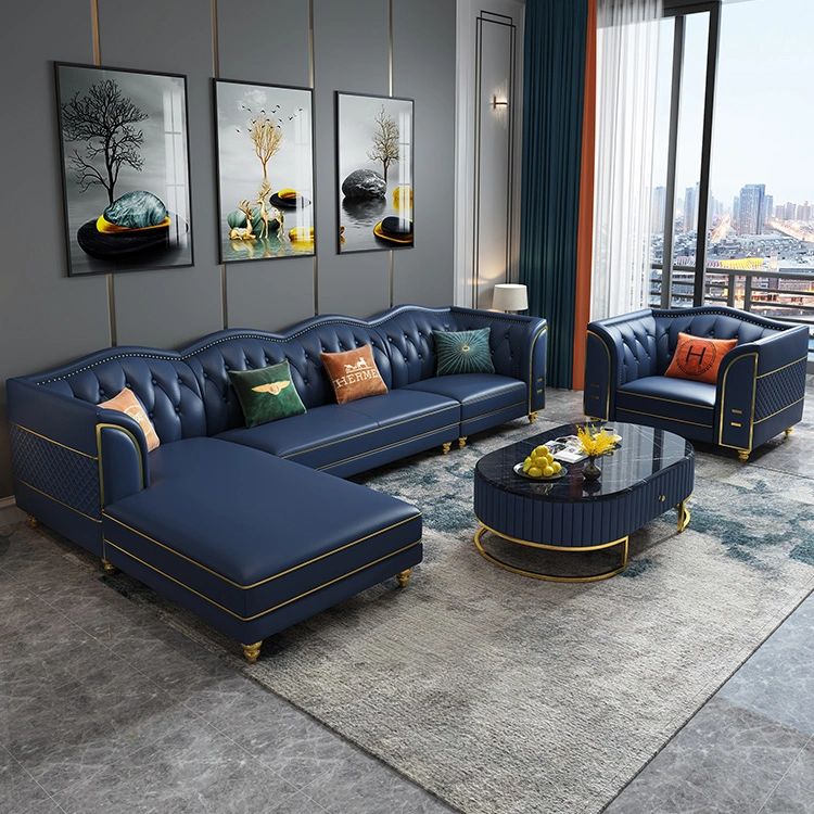 L-Shape Premium Sofa Set with Tufted Curvy Backrest & Central Table with Black Marble Top
