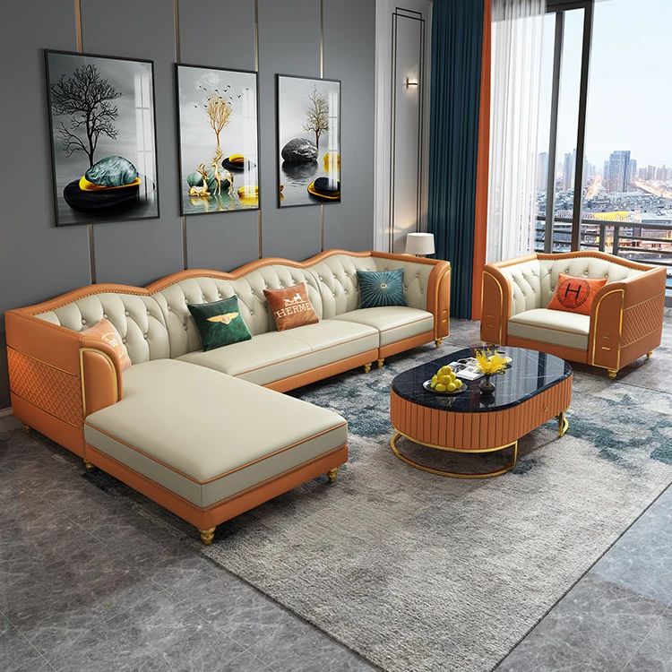 L-Shape Premium Sofa Set with Tufted Curvy Backrest & Central Table with Black Marble Top