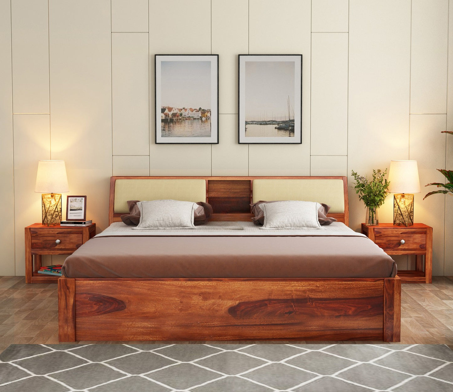 Sheesham Wood Bed with Cushion Back and Box Storage