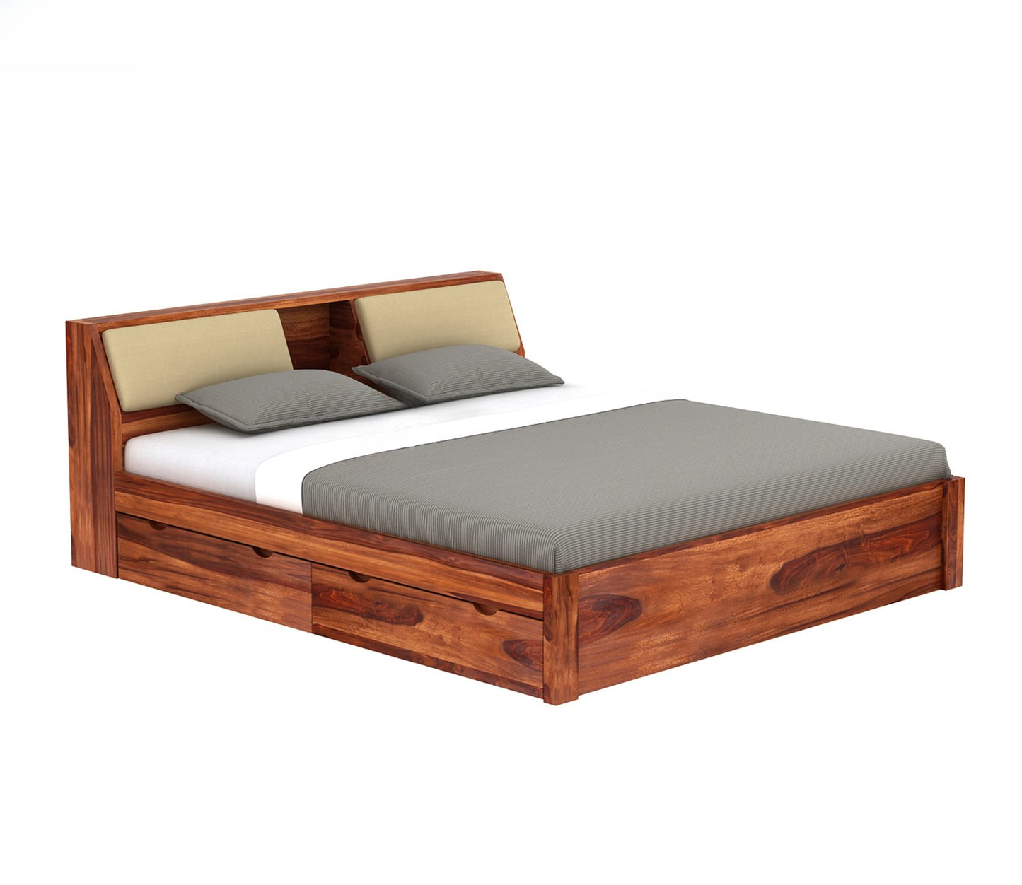 Sheesham Wood Bed with Cushion Back and Box Storage