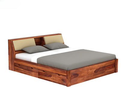 Sheesham Wood Bed with Cushion Back and Box Storage