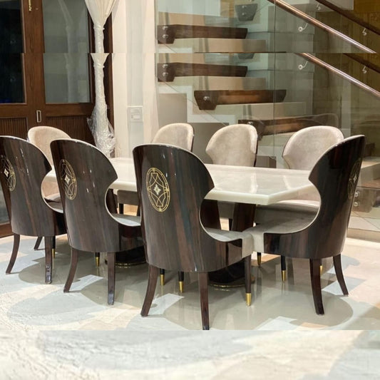 Ravish 8-Seater Dining Table Set with Onyx Marble Top & Designer Chairs