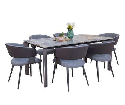 6-Seater Dining Table with Premium Grey Upholstered Designer Chairs & Artificial Marble Top on Metal Base