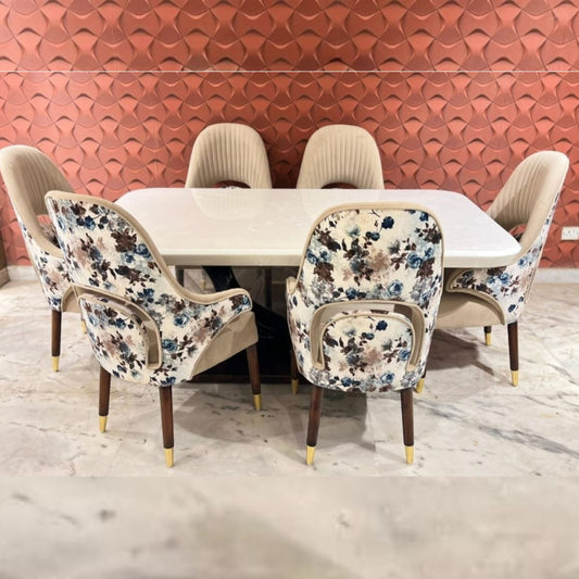 Windsor Dining Set (6-Seater) with Onyx Marble Top & Designer Chairs