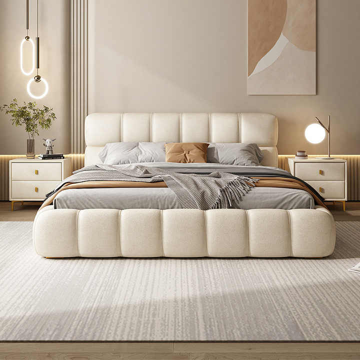 Luxurious Suede upholstered Platform Bed with Tufted Square Pattern