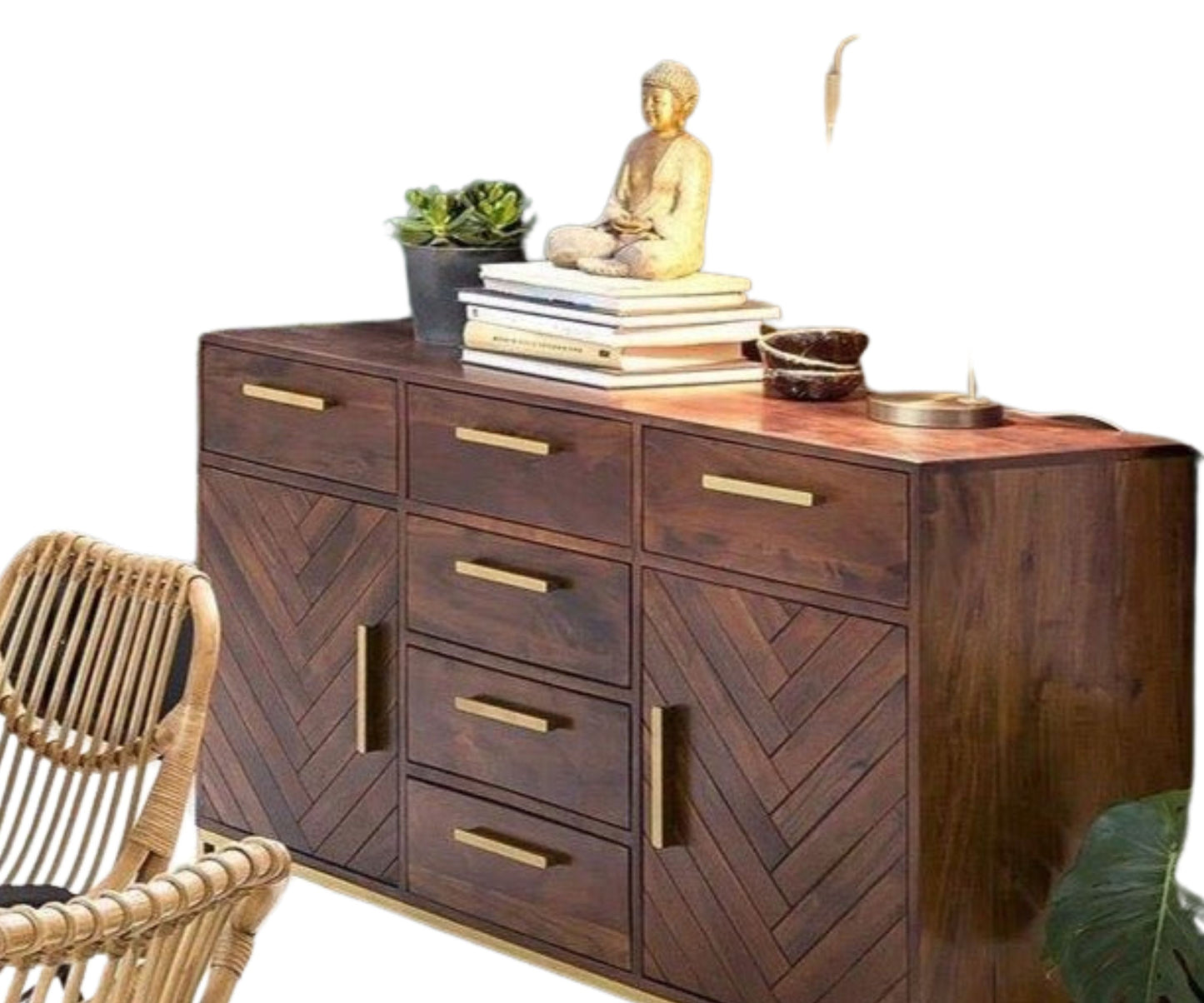 Console in Plywood with 3-Drawers and 2-Door Selves with Brass Handles