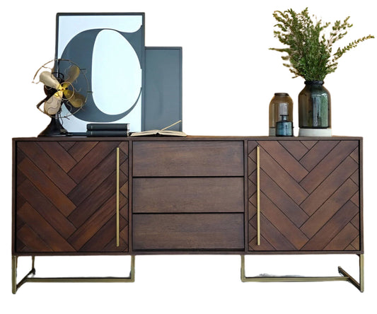 Console in Plywood with 3-Drawers and 2-Door Selves with Brass Handles