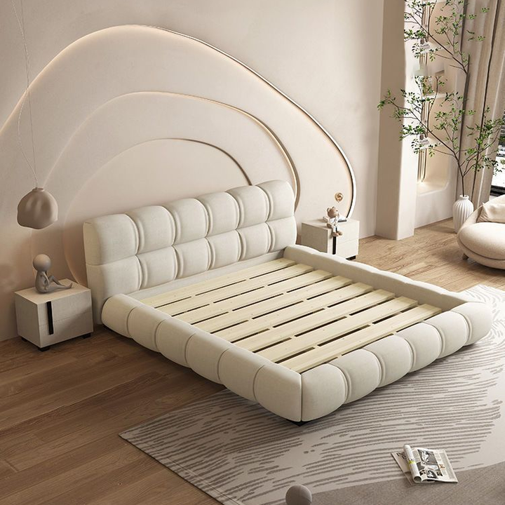 Luxurious Suede upholstered Platform Bed with Tufted Square Pattern