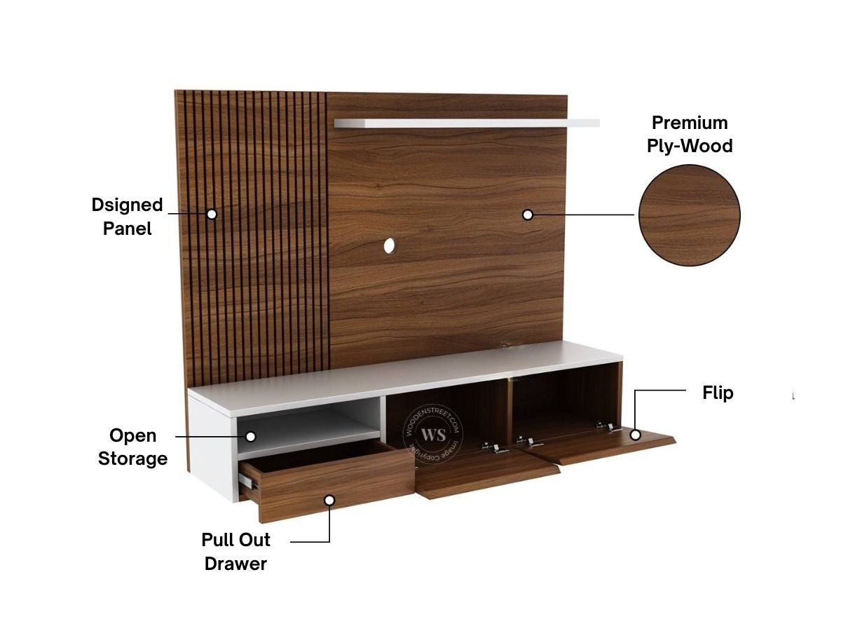 Wall Mounted TV Unit with Open Shelf & Drawers