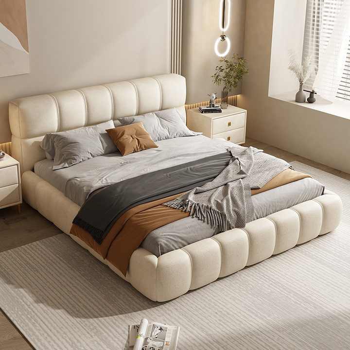 Luxurious Suede upholstered Platform Bed with Tufted Square Pattern