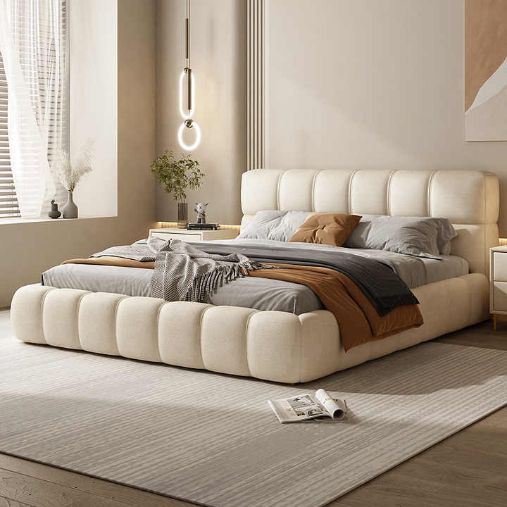Luxurious Suede upholstered Platform Bed with Tufted Square Pattern