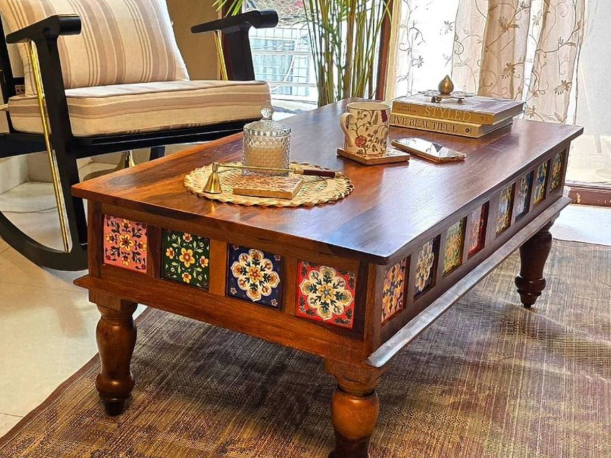 Sheesham Coffee Table, Decorated with Ceramic Tiles
