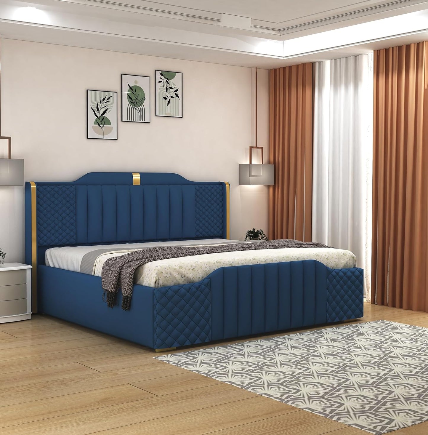King Size Bed with upholstered High Back in Premium Fabric with Storage Box