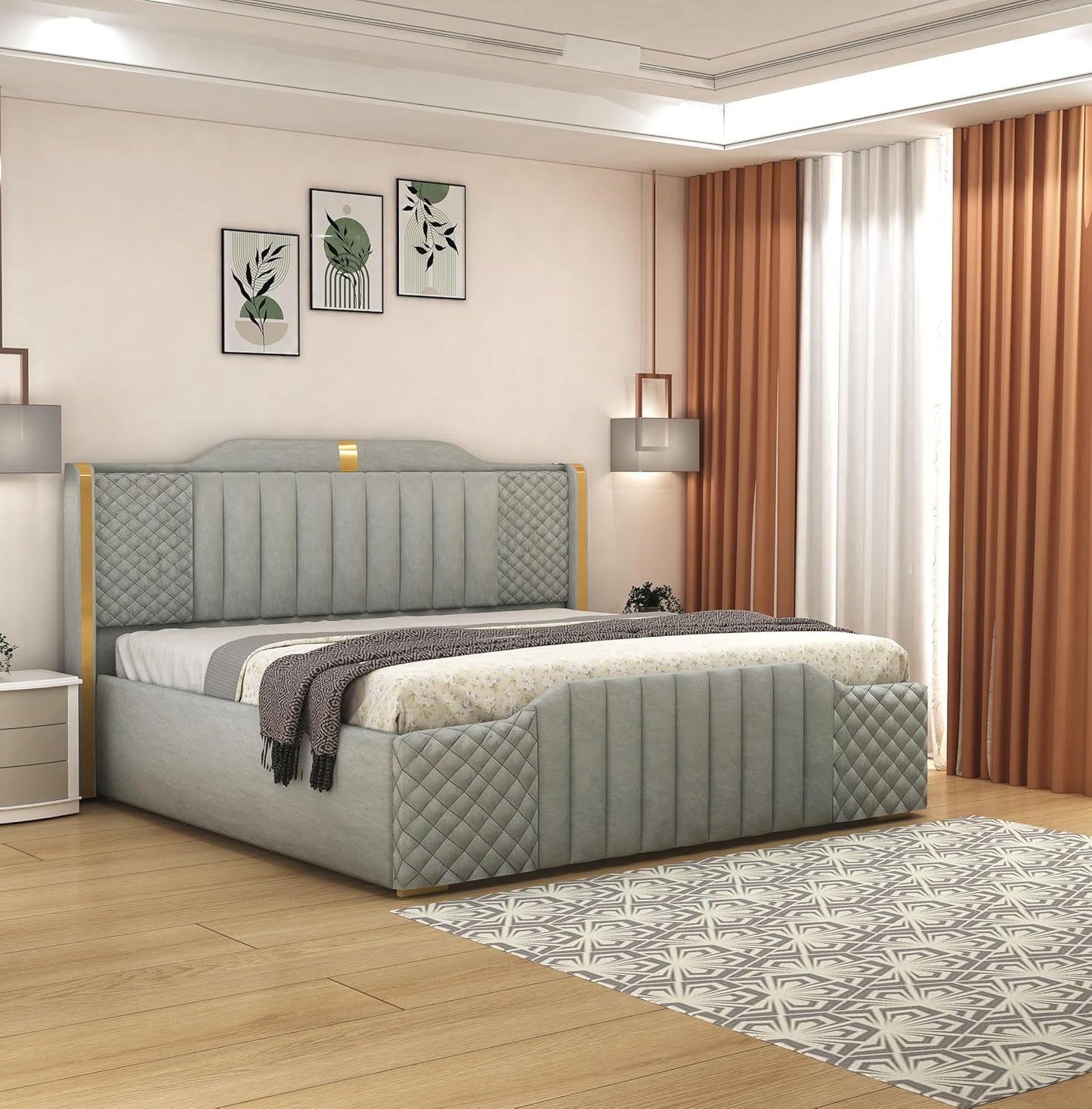 King Size Bed with upholstered High Back in Premium Fabric with Storage Box