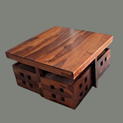 Sheesham Wood Central Table with 4 Push-In Stools in Square Shape