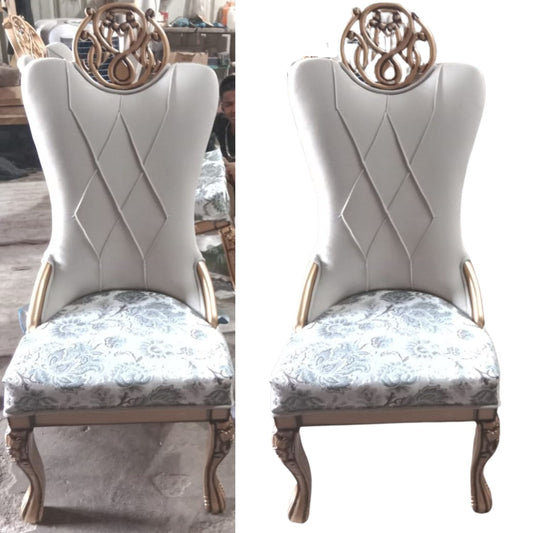 Crown Head Wood Dining Chair in PU Polish with Seat in Flora Suede &amp; Velvet