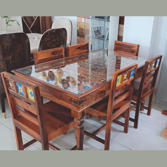 Sheesham Wood 6-Seater Dinning Table Traditionally Decorated Top with Glass
