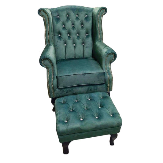 Emerald Green High Back Chair with Ottoman