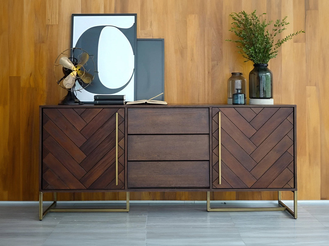 Sideboard Console with 3-Drawers and 2-Door Shelves of Plyboard & Veneer with Carbon Steel Stand