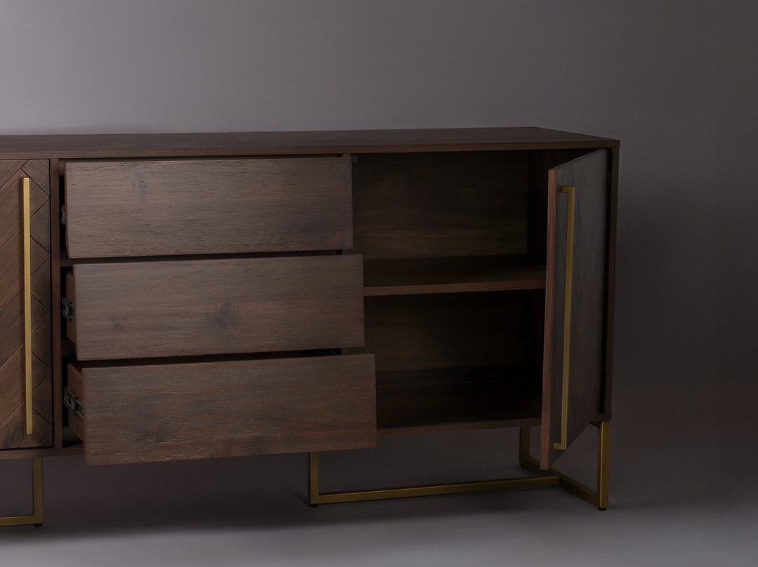 Sideboard Console with 3-Drawers and 2-Door Shelves of Plyboard & Veneer with Carbon Steel Stand