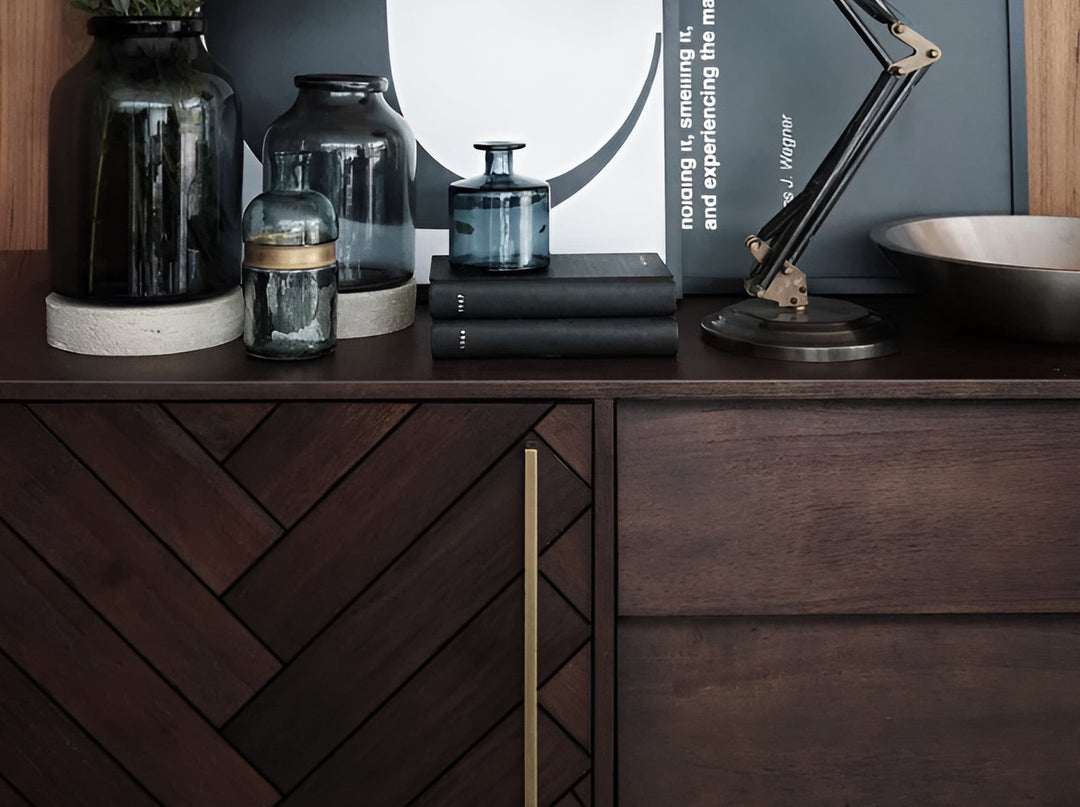 Sideboard Console with 3-Drawers and 2-Door Shelves of Plyboard & Veneer with Carbon Steel Stand