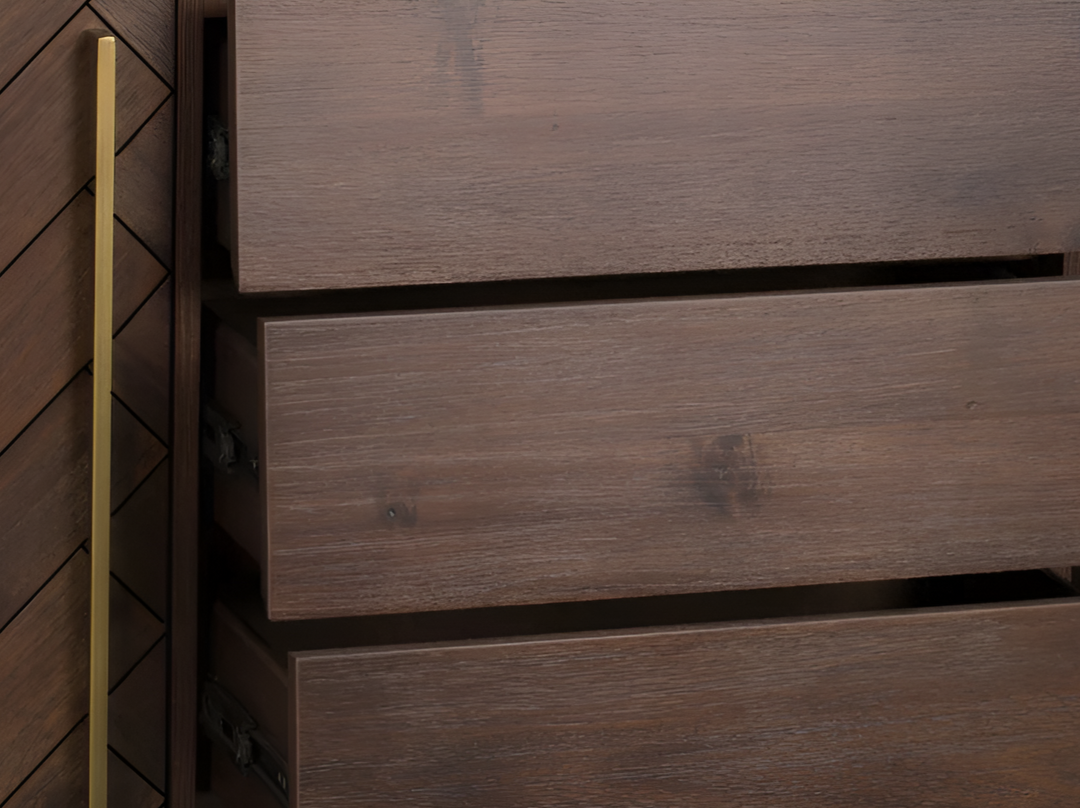 Sideboard Console with 3-Drawers and 2-Door Shelves of Plyboard & Veneer with Carbon Steel Stand