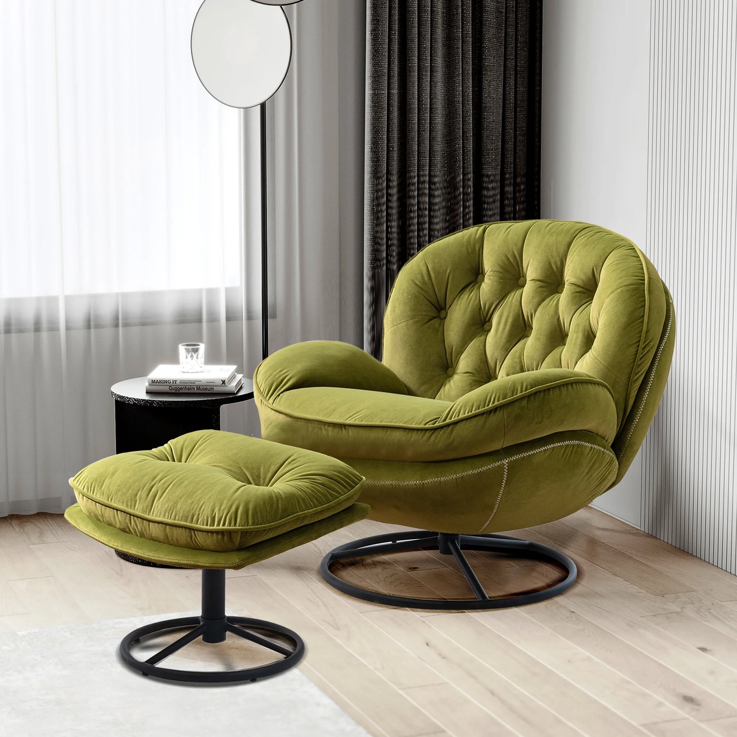 Swivel Accent Chair with Ottoman in Velvet Upholstery