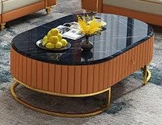 L-Shape Premium Sofa Set with Tufted Curvy  Backrest & Central Table with Black Marble Top