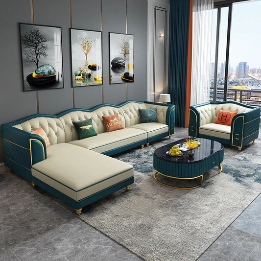 L-Shape Premium Sofa Set with Tufted Curvy  Backrest & Central Table with Black Marble Top