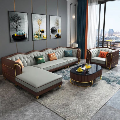 L-Shape Premium Sofa Set with Tufted Curvy  Backrest & Central Table with Black Marble Top