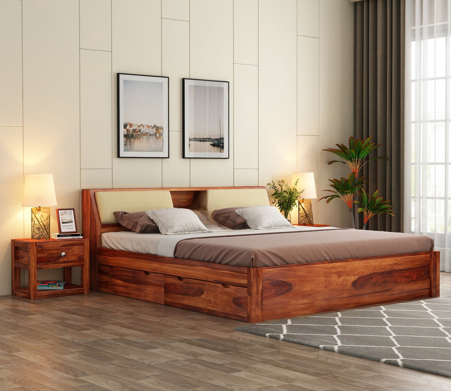 Sheesham Wood Bed with Cushion Back and Box Storage