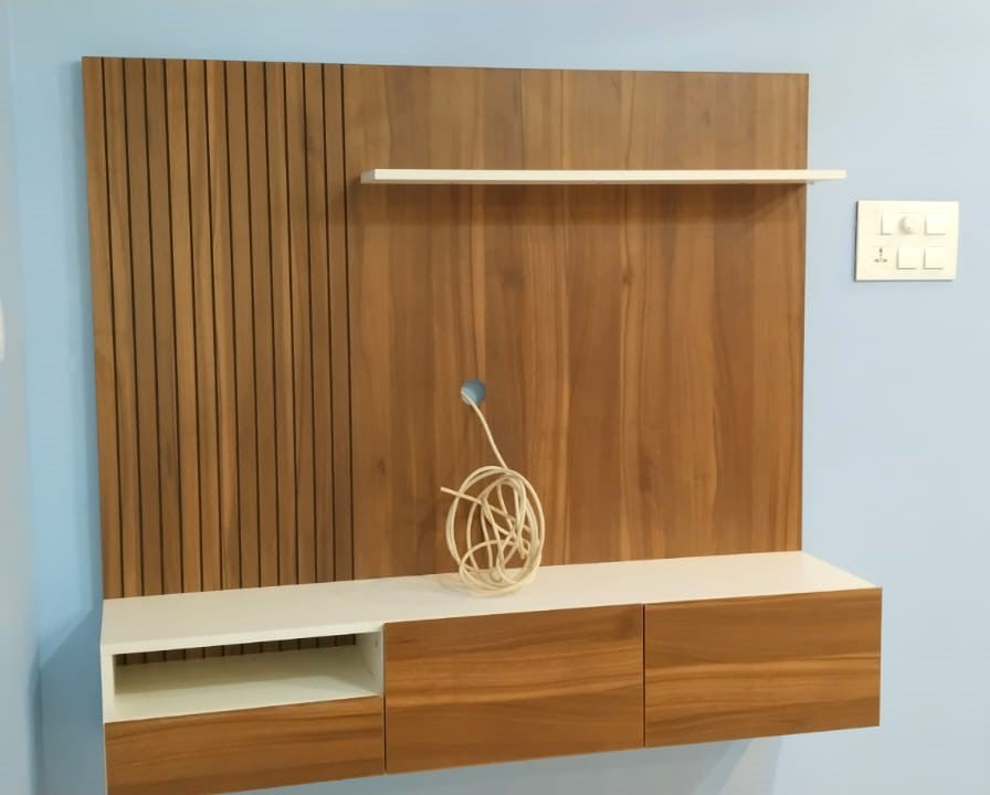 Wall Mounted TV Unit with Open Shelf & Drawers