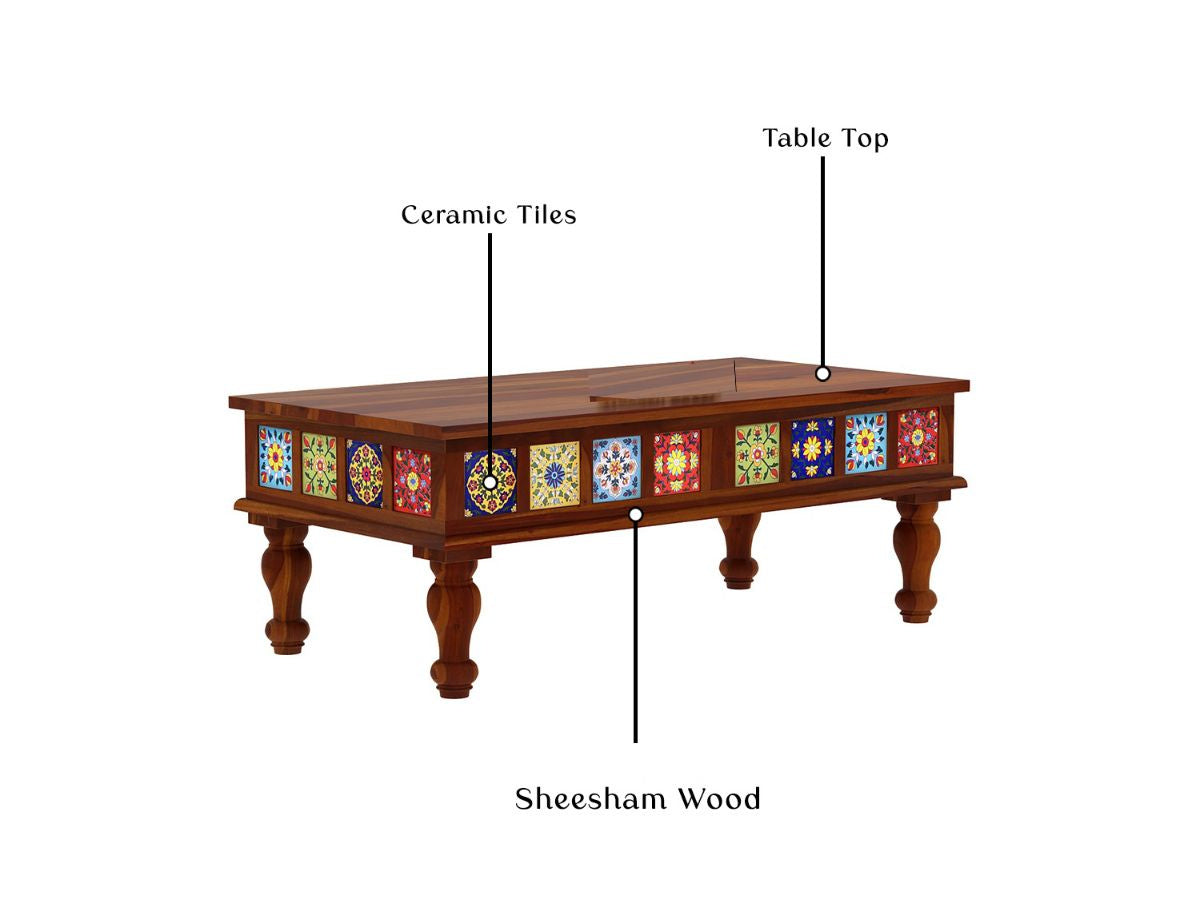 Sheesham Coffee Table, Decorated with Ceramic Tiles
