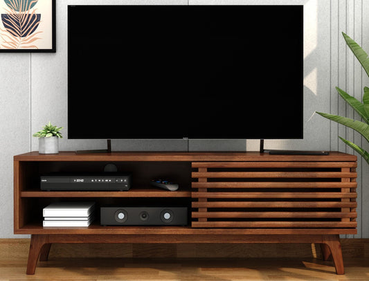TV Cabinet with Pull Down Drawer & Open Shelves in Plywood