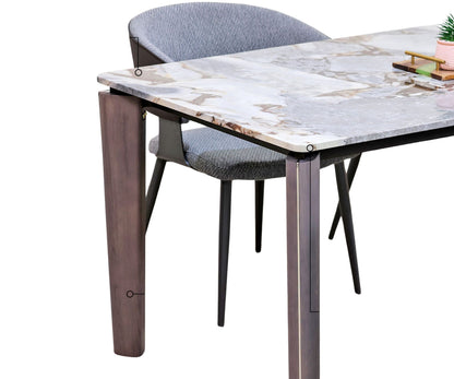 6-Seater Dining Table with Premium Grey Upholstered Designer Chairs & Artificial Marble Top on Metal Base
