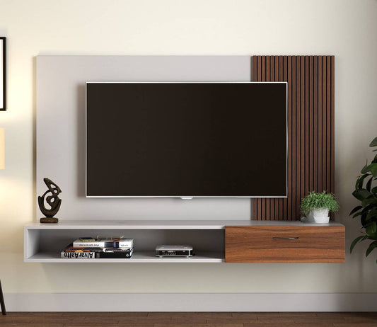 Wall Mounted TV Unit with Drawer & Open Shelves in Dual Colour Scheme